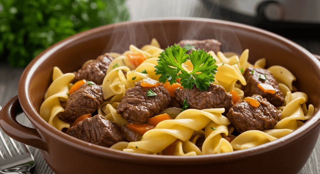 Crockpot beef tips and noodles in a bowl, ready to serve.