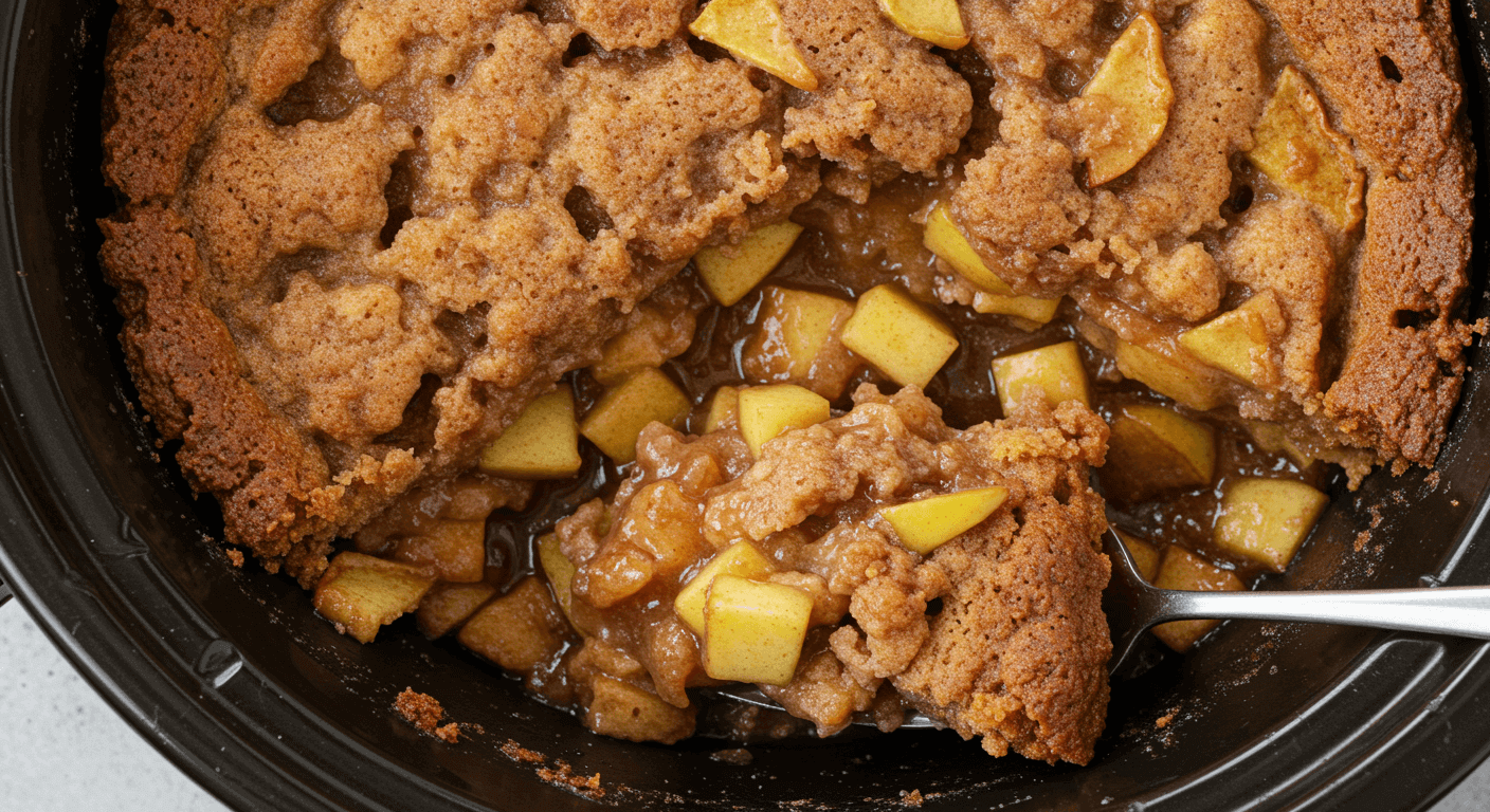 Delicious crockpot apple dump cake served with vanilla ice cream and cinnamon.