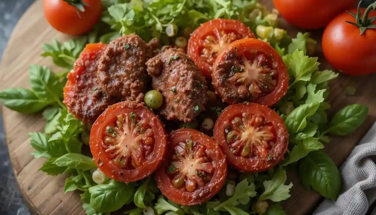 Top-down view of a ripe beef tomato.