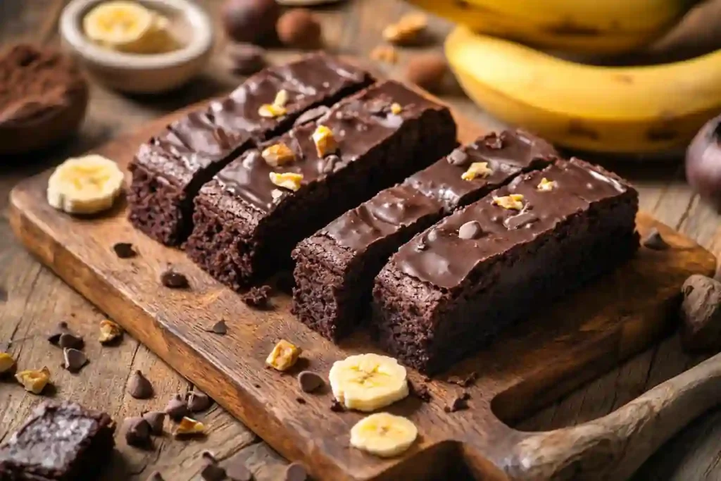 Freshly baked banana brownie recipe with chocolate pieces.