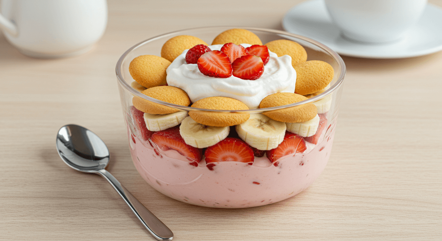 Close-up of strawberry banana pudding.