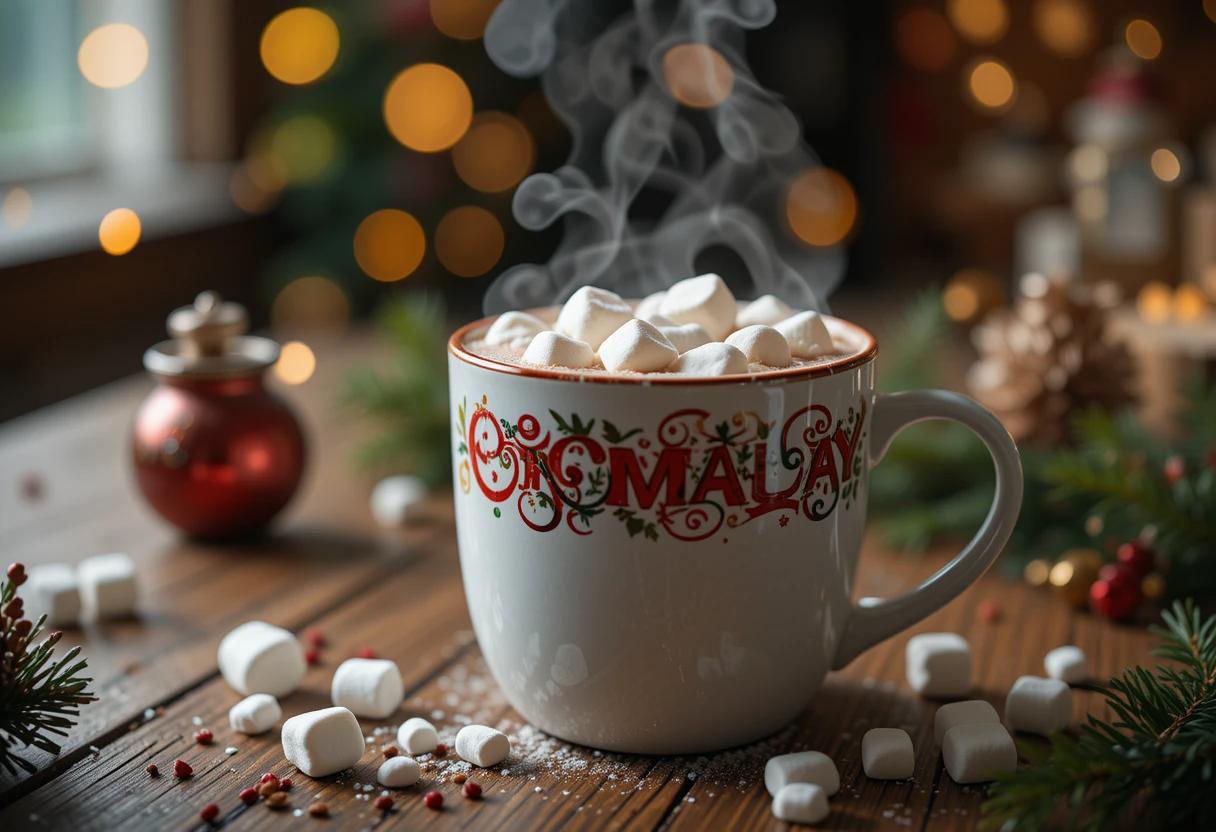 Steaming mug of Christmas cocoa with toppings.