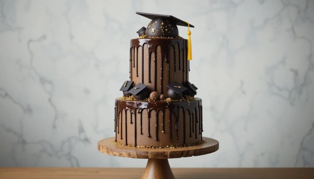 Graduation cake decorated with a cap and diploma, white buttercream frosting