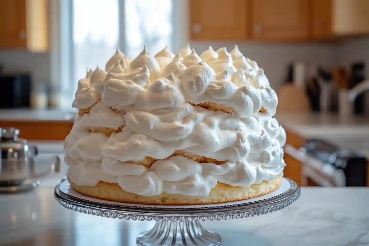 A delicate light cake on a white plate.