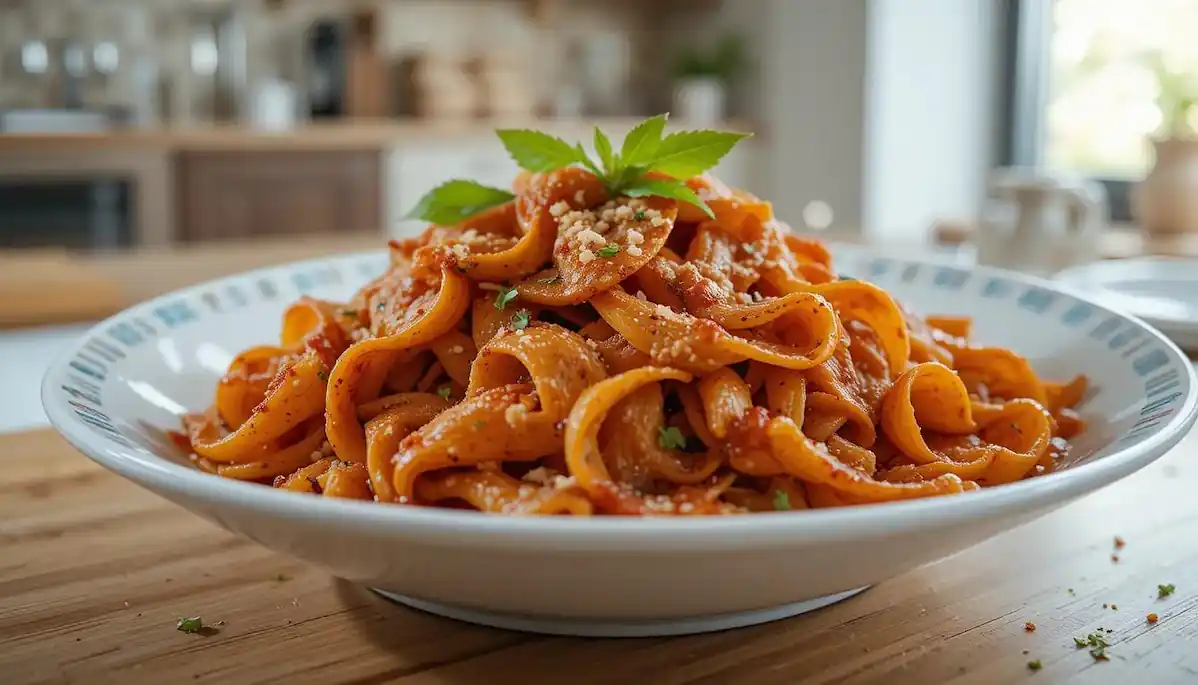 Trafile paccheri pasta shown on a plate.