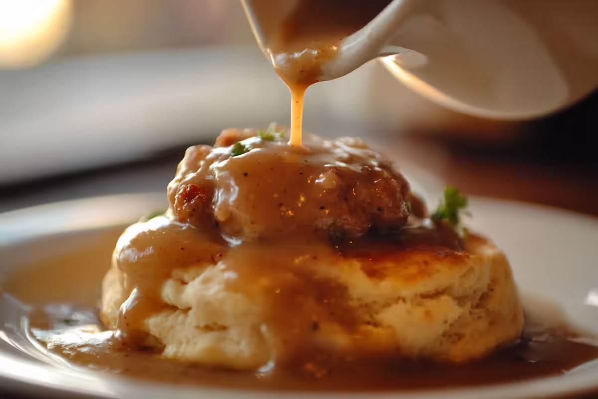 Tasty sausage turkey fat gravy on biscuits.