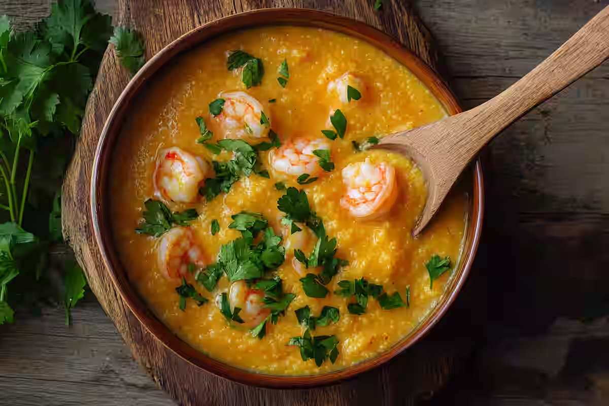 A bowl of smooth shrimp polenta, with fresh parsley on top.