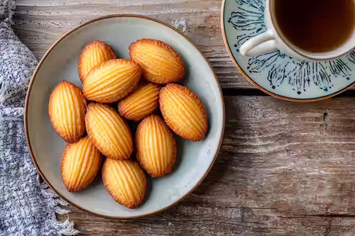 Freshly baked Madeleine cookies on a cooling rack.