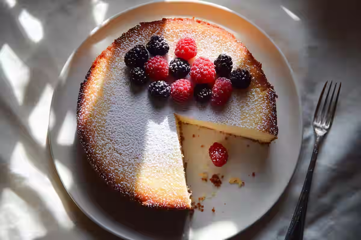 Kefir sheet cake on a white plate with a slice taken out.