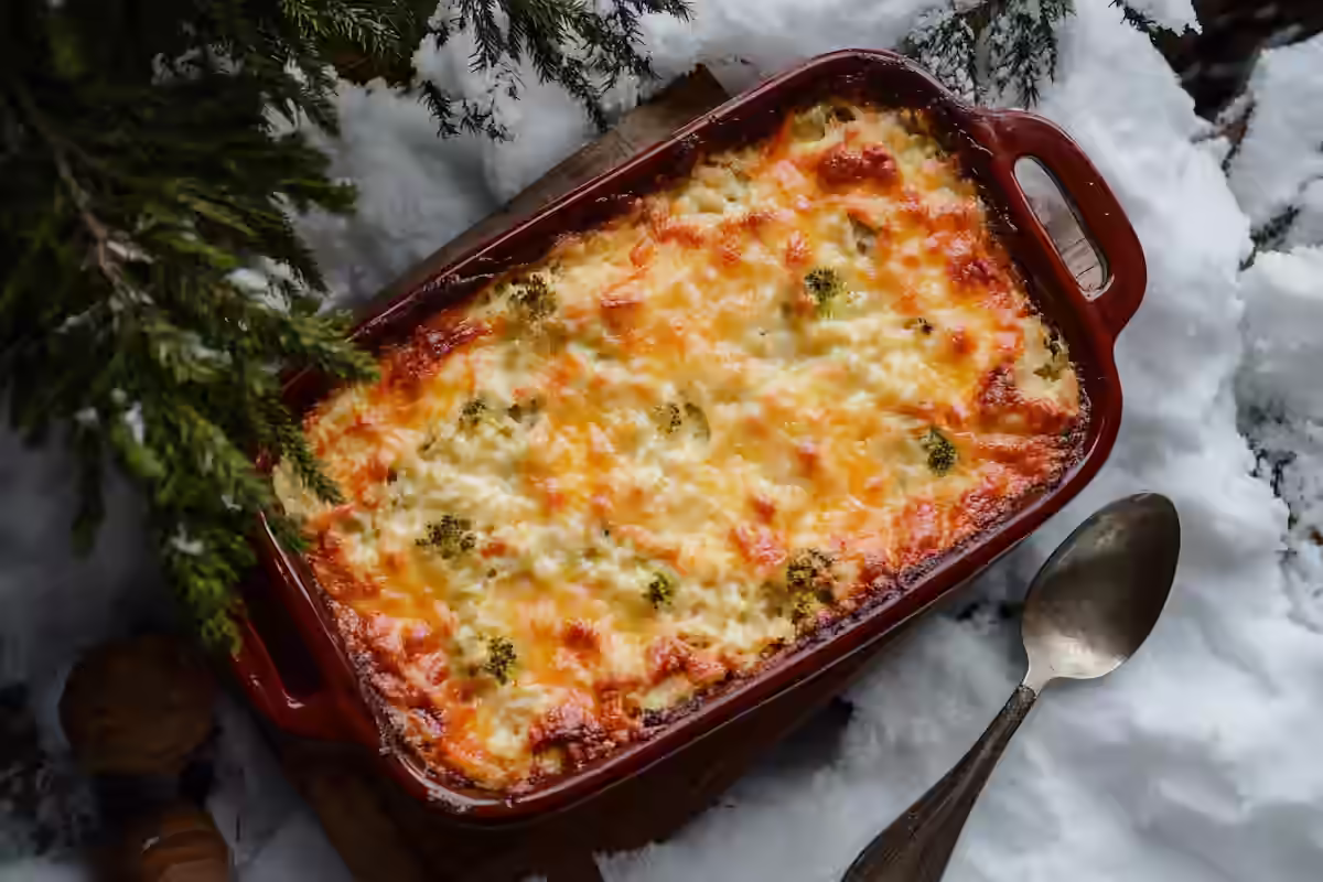 Broccoli and rice casserole cheese whiz served in a baking dish.