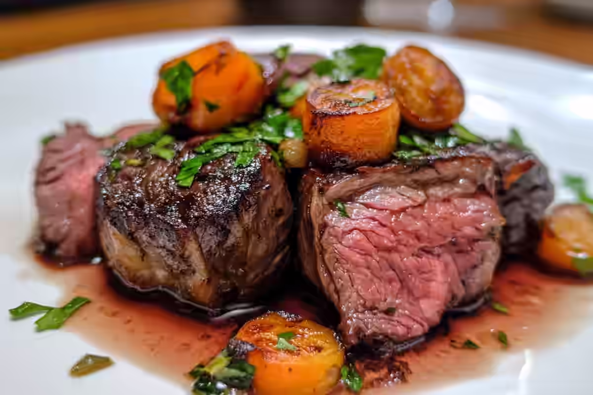 Slow-braised beef cheek meat on a plate.