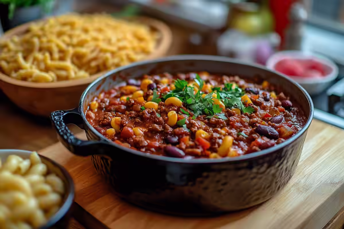 Warm chilli con carne with macaroni.