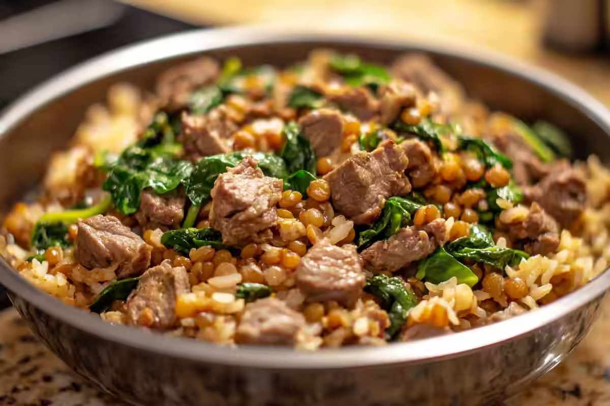 Filling lamb lentils rice spinach dish.