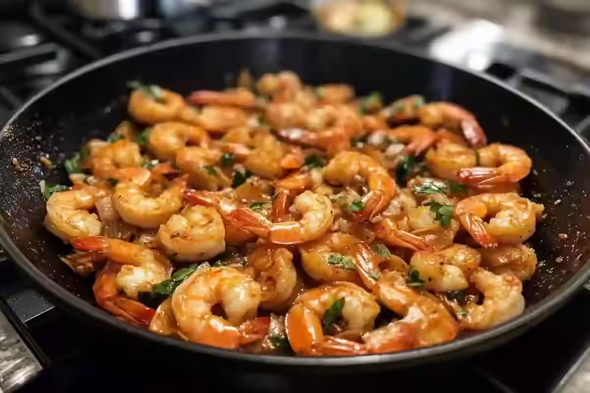 Pad nang shrimp served with rice and cilantro.