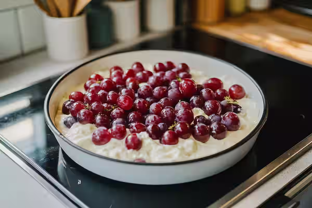A dish of tasty caramelized grapes with sour cream.