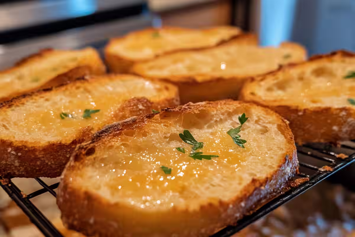 Delicious homemade sourdough garlic bread on a wooden board.