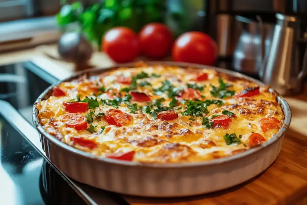 A tortilla quiche bake in a baking dish.
