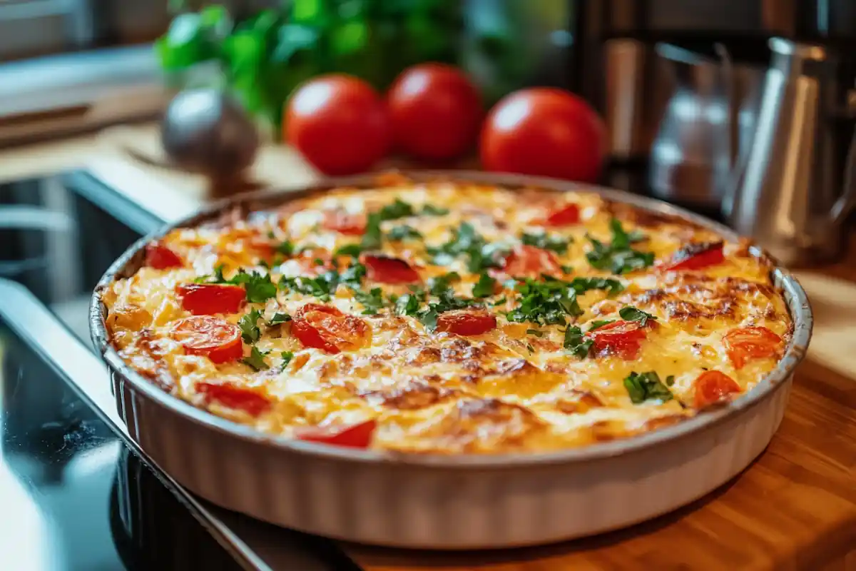 A tortilla quiche bake in a baking dish.