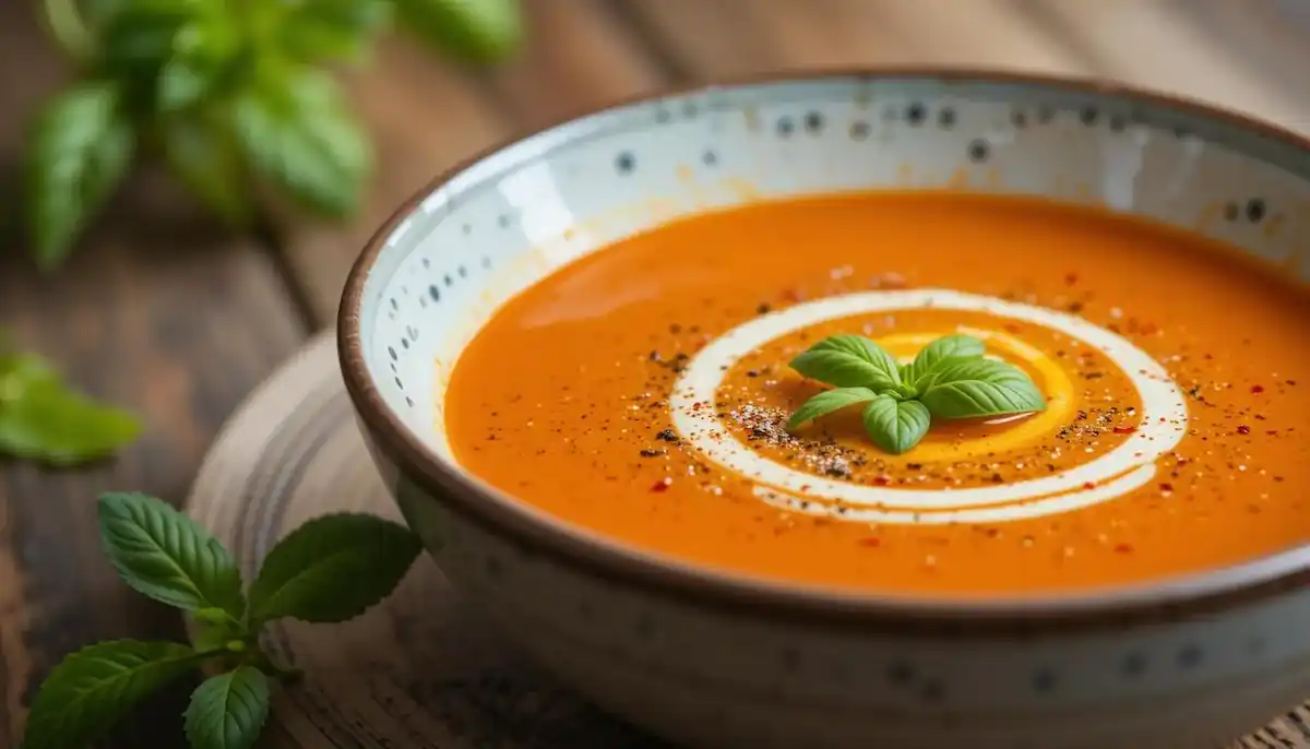 Rich and creamy tomato saffron bisque ingredients showcased in a bowl.