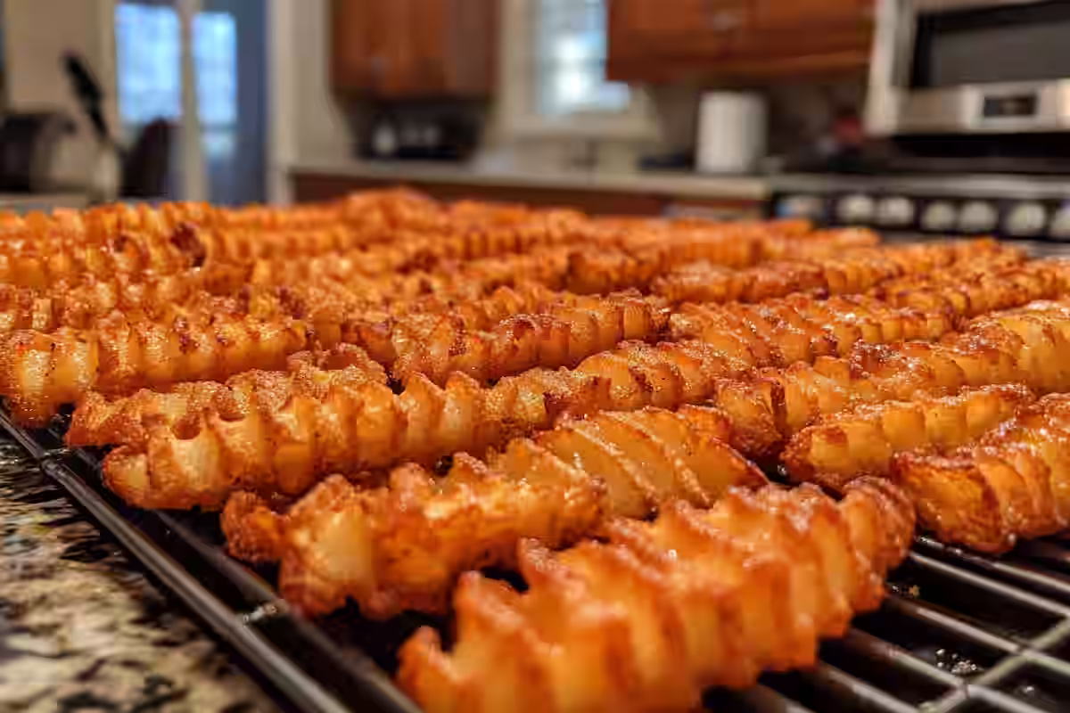 Delicious crinkle cut fries close-up