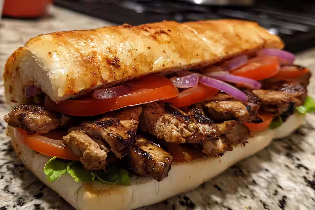 Delicious layers of Shish Tawook Sandwich