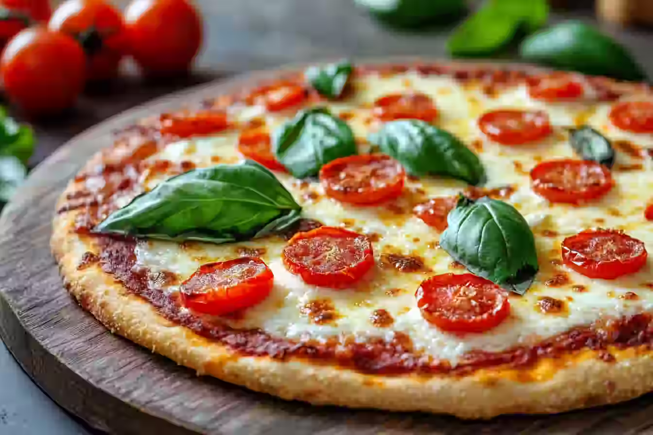 Delicious cottage cheese pizza crust no flour topped with fresh vegetables.