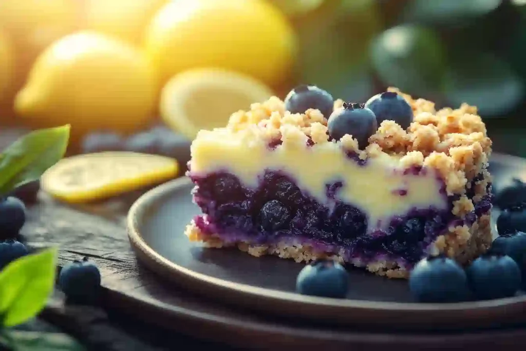 A slice of moist Blueberry Lemon Crumble Cake on a plate with blueberries and lemon zest