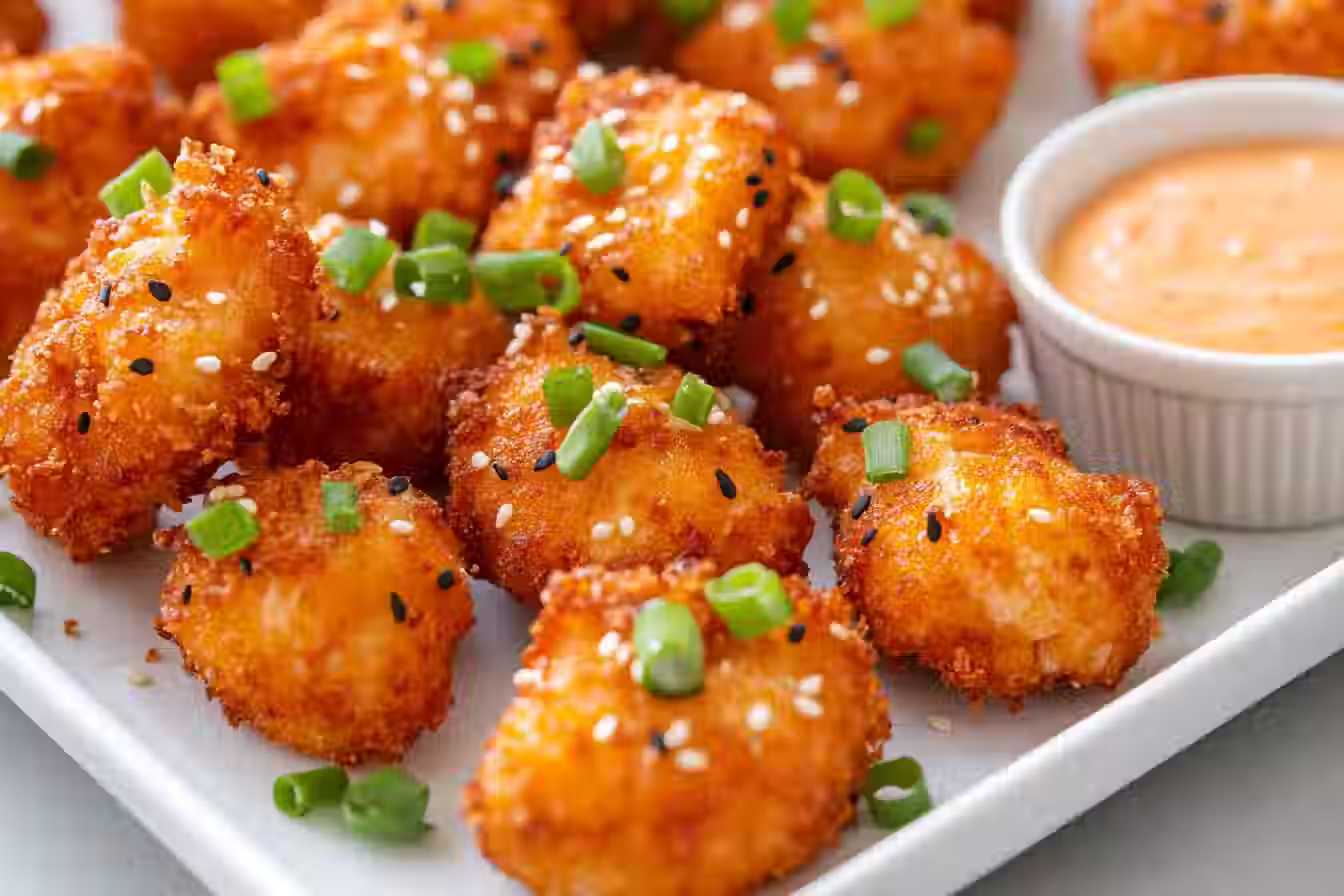 Delicious bang bang salmon bites garnished with green onions and sesame seeds.